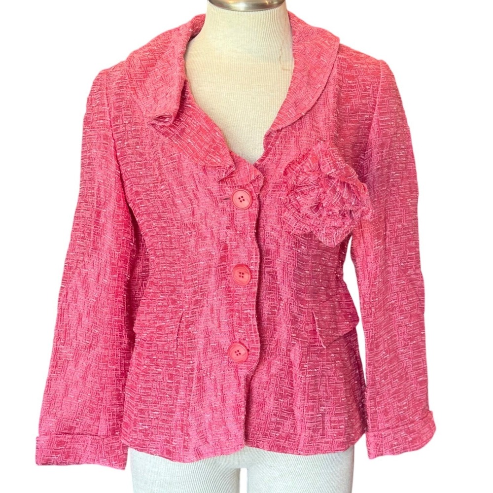 Lafayette 148 New York Pink‎ Tweed Blazer Jacket with Rosette Detail Womens Sz 6
